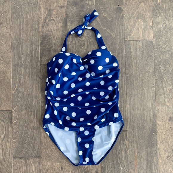 Other - Boutique Blue Polka Dot One Piece Halter Swimsuit